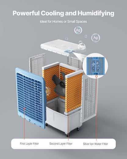Evaporative Air Cooler, 4129 CFM with 12.7 Gallon Water Tank Swamp Cooler, Portable Cooling Fan with Remote Control, 12H Timer, 4 Ice Boxes, Quiet Operation, 3 Wind Speeds for Outdoor Indoor Use