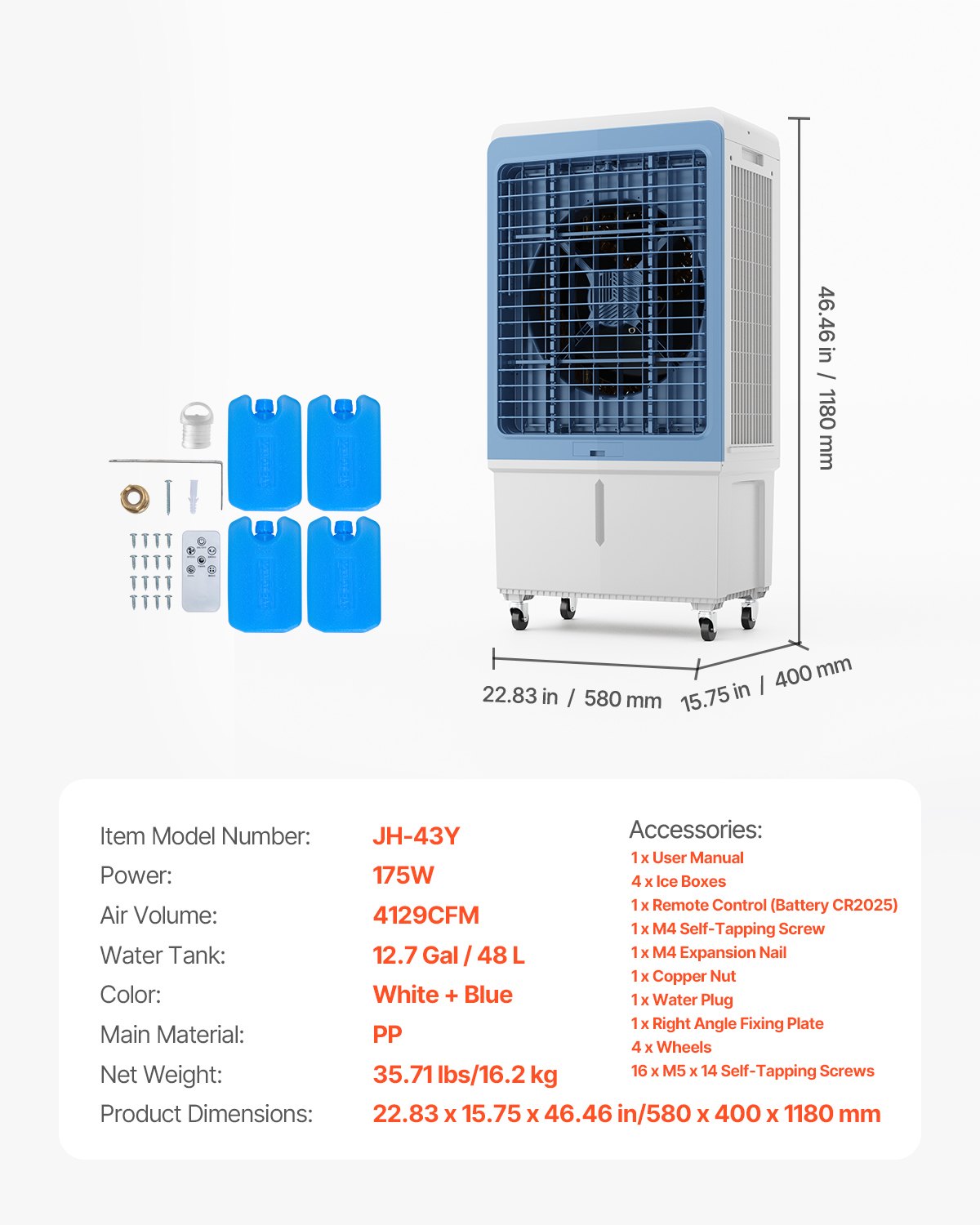 Evaporative Air Cooler, 4129 CFM with 12.7 Gallon Water Tank Swamp Cooler, Portable Cooling Fan with Remote Control, 12H Timer, 4 Ice Boxes, Quiet Operation, 3 Wind Speeds for Outdoor Indoor Use