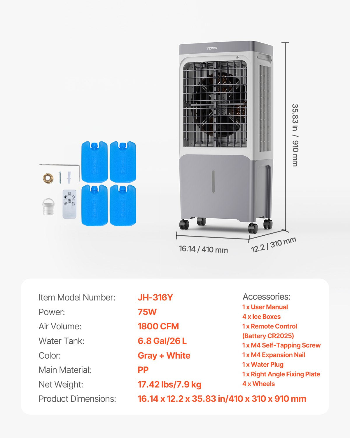 Evaporative Air Cooler, 1800 CFM with 6.8 Gallon Water Tank Swamp Cooler, Portable Cooling Fan with Remote Control, 12H Timer, 4 Ice Boxes, Quiet Operation, 3 Wind Speeds for Outdoor Indoor Use