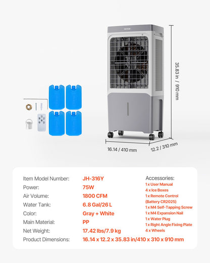 Evaporative Air Cooler, 1800 CFM with 6.8 Gallon Water Tank Swamp Cooler, Portable Cooling Fan with Remote Control, 12H Timer, 4 Ice Boxes, Quiet Operation, 3 Wind Speeds for Outdoor Indoor Use