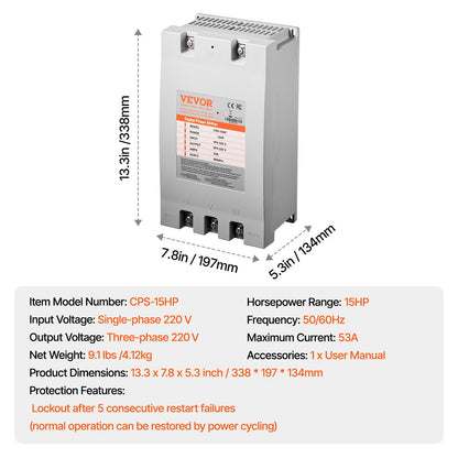 3 Phase Converter - 15HP 53A 220V Single Phase to 3 Phase Converter, 220V Input/Output, Digital Phase Shifter for Residential & Light Commercial Use (One Converter for One Motor Only)