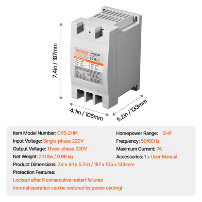3 Phase Converter - 2HP 7A 220V Single Phase to 3 Phase Converter, 220V Input/Output, Digital Phase Shifter for Residential & Light Commercial Use (One Converter for One Motor Only)