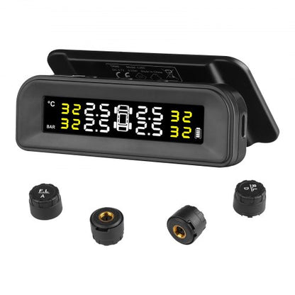 RV Tire Pressure Monitoring System, 7.3-87 PSI Trailer TPMS, Universal Wireless Car Alarm System, Waterproof TPMS Sensors Set with Solar Charge, 4 Sensors, 5 Alarm Modes, and Real-time Display