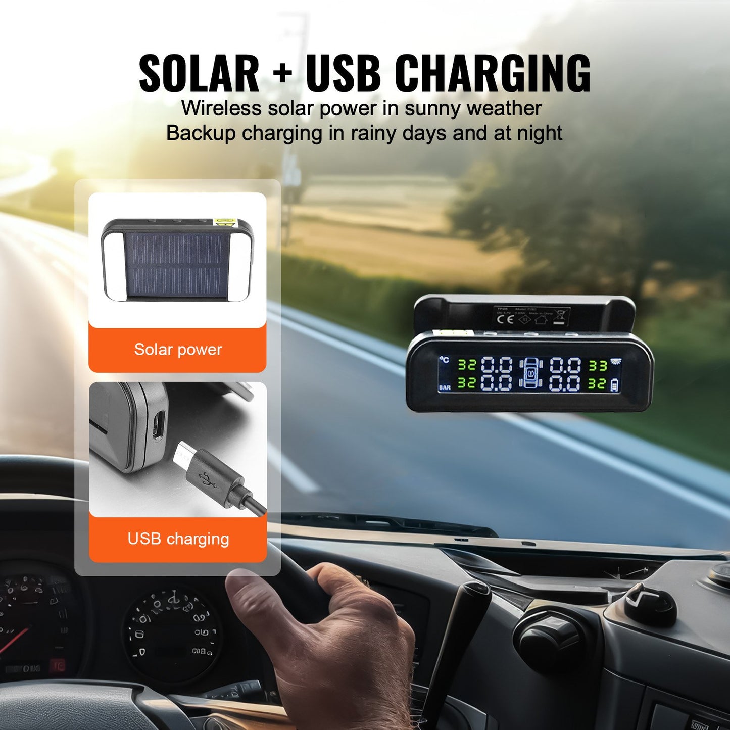 RV Tire Pressure Monitoring System, 7.3-87 PSI Trailer TPMS, Universal Wireless Car Alarm System, Waterproof TPMS Sensors Set with Solar Charge, 4 Sensors, 5 Alarm Modes, and Real-time Display