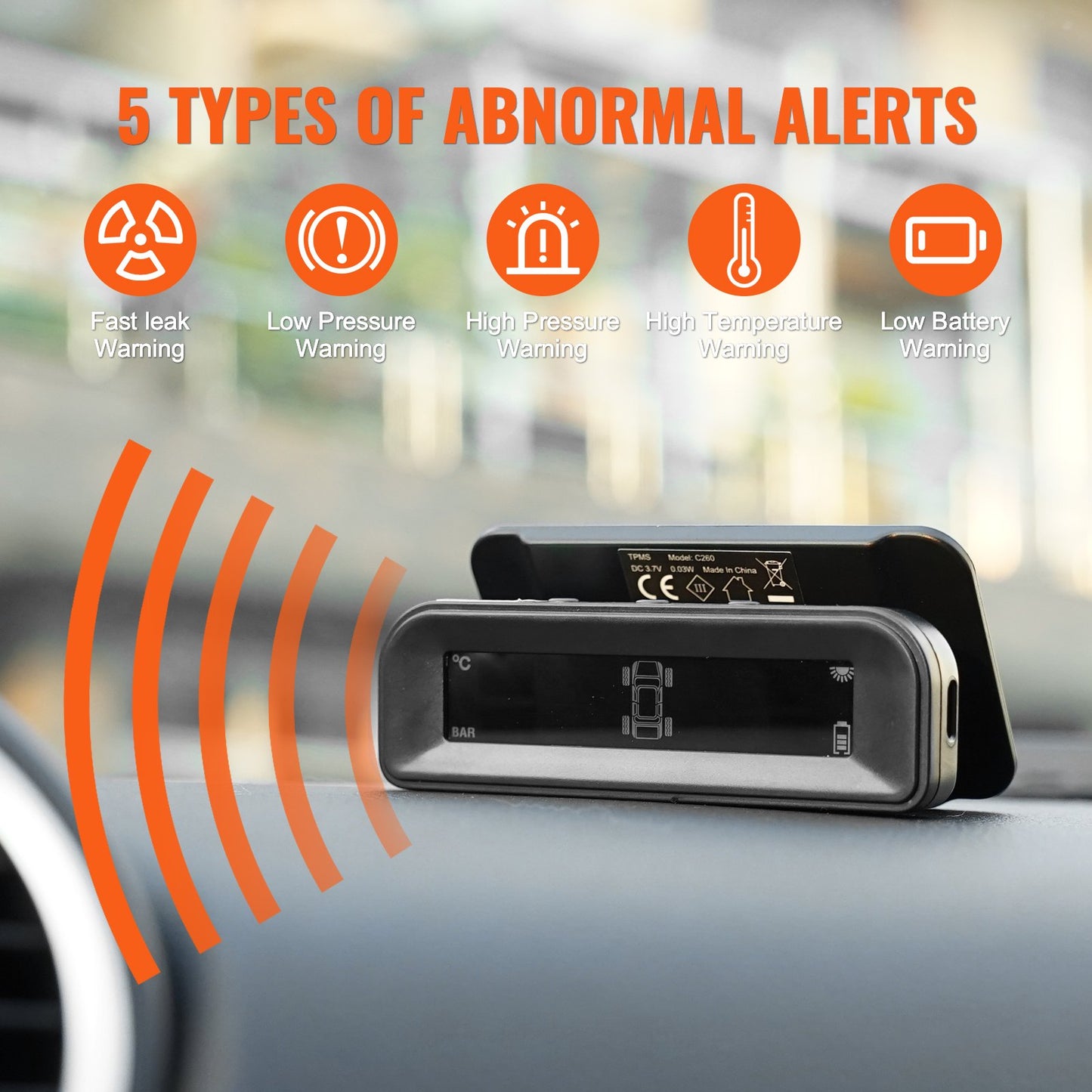 RV Tire Pressure Monitoring System, 7.3-87 PSI Trailer TPMS, Universal Wireless Car Alarm System, Waterproof TPMS Sensors Set with Solar Charge, 4 Sensors, 5 Alarm Modes, and Real-time Display