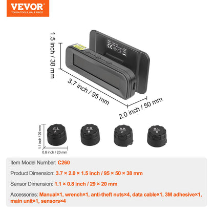RV Tire Pressure Monitoring System, 7.3-87 PSI Trailer TPMS, Universal Wireless Car Alarm System, Waterproof TPMS Sensors Set with Solar Charge, 4 Sensors, 5 Alarm Modes, and Real-time Display