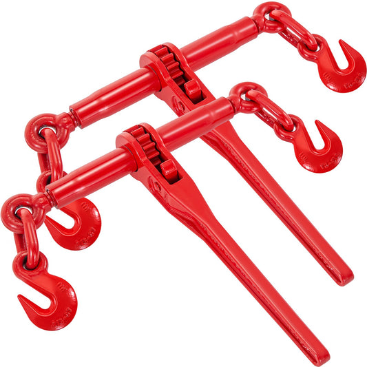 9215LBS 3/8" - 1/2" Ratchet Tie Down 9,215 LBS Safe Working Load, G70 Hooks and Adjustable Length, for Class 70-80 Chains, Tying, Pulling, Towing, 2-Pack, Red