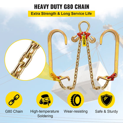 V bridle chain, 5/16 inch x 2 ft bridle pull chain, class 80 V-bridle transport chain, 9260 lb breaking strength with TJ hooks and crab hooks, heavy duty pear link coupling and chain shortener