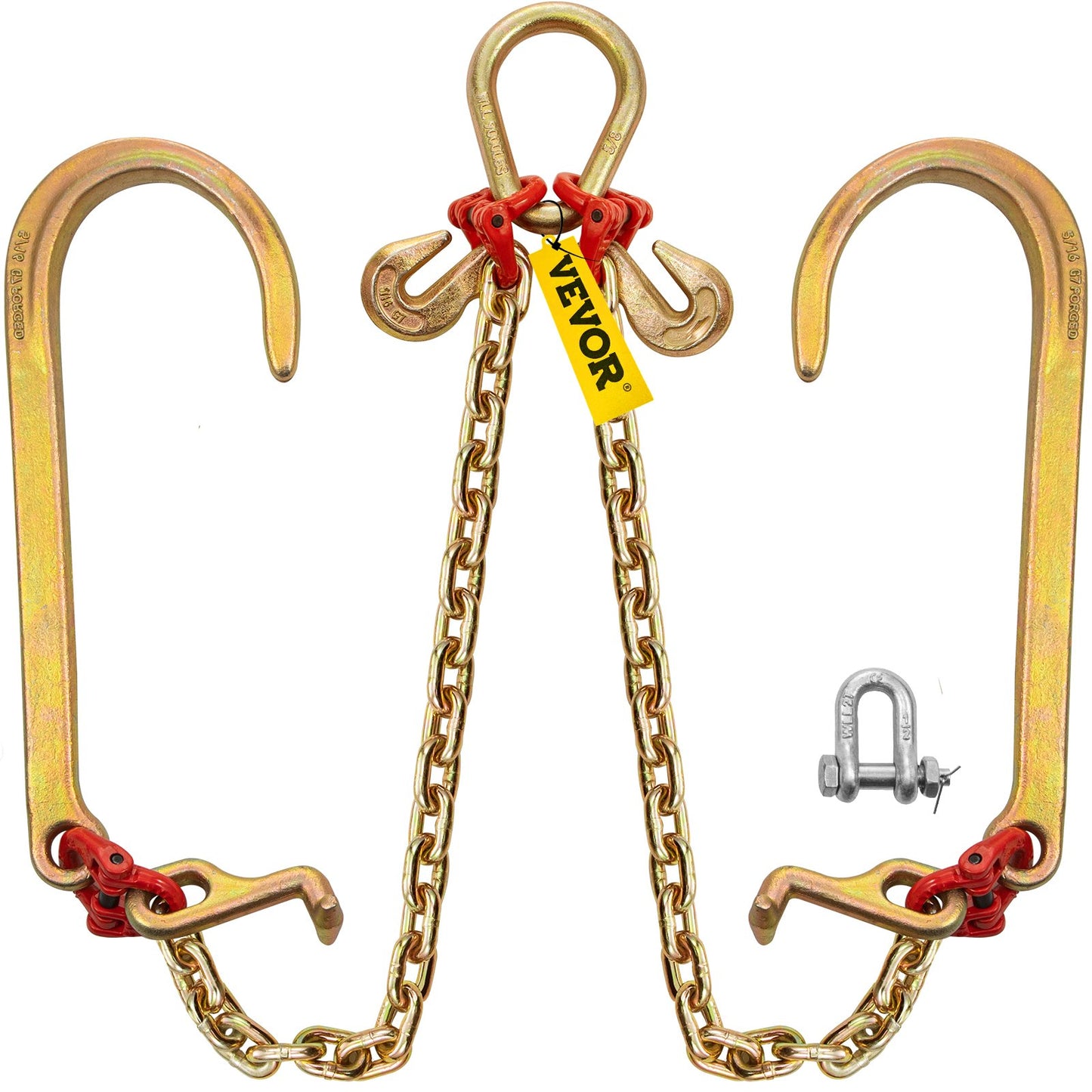 V bridle chain, 5/16 inch x 2 ft bridle pull chain, class 80 V-bridle transport chain, 9260 lb breaking strength with TJ hooks and crab hooks, heavy duty pear link coupling and chain shortener