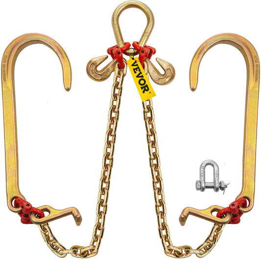 V bridle chain, 5/16 inch x 2 ft bridle pull chain, class 80 V-bridle transport chain, 9260 lb breaking strength with TJ hooks and crab hooks, heavy duty pear link coupling and chain shortener