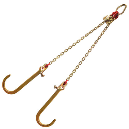 V bridle chain, 5/16 inch x 2 ft bridle pull chain, class 80 V-bridle transport chain, 9260 lb breaking strength with TJ hooks and crab hooks, heavy duty pear link coupling and chain shortener