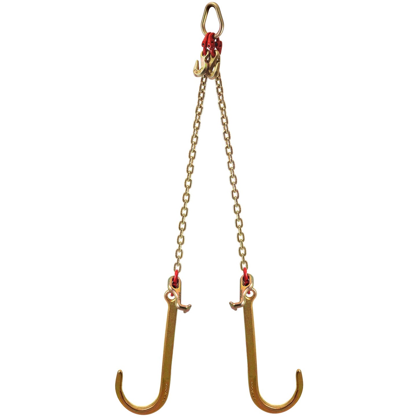 V bridle chain, 5/16 inch x 2 ft bridle pull chain, class 80 V-bridle transport chain, 9260 lb breaking strength with TJ hooks and crab hooks, heavy duty pear link coupling and chain shortener