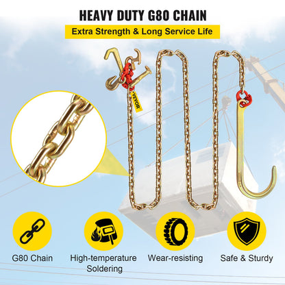 J hook chain, 5/16 inch x 10 ft bridle tow chain, G80 bridle transport chain, alloy steel chain with 2 G70 J hooks, 9260 lb breaking strength tow hooks for trucks, J hooks tow straps 2 pcs.