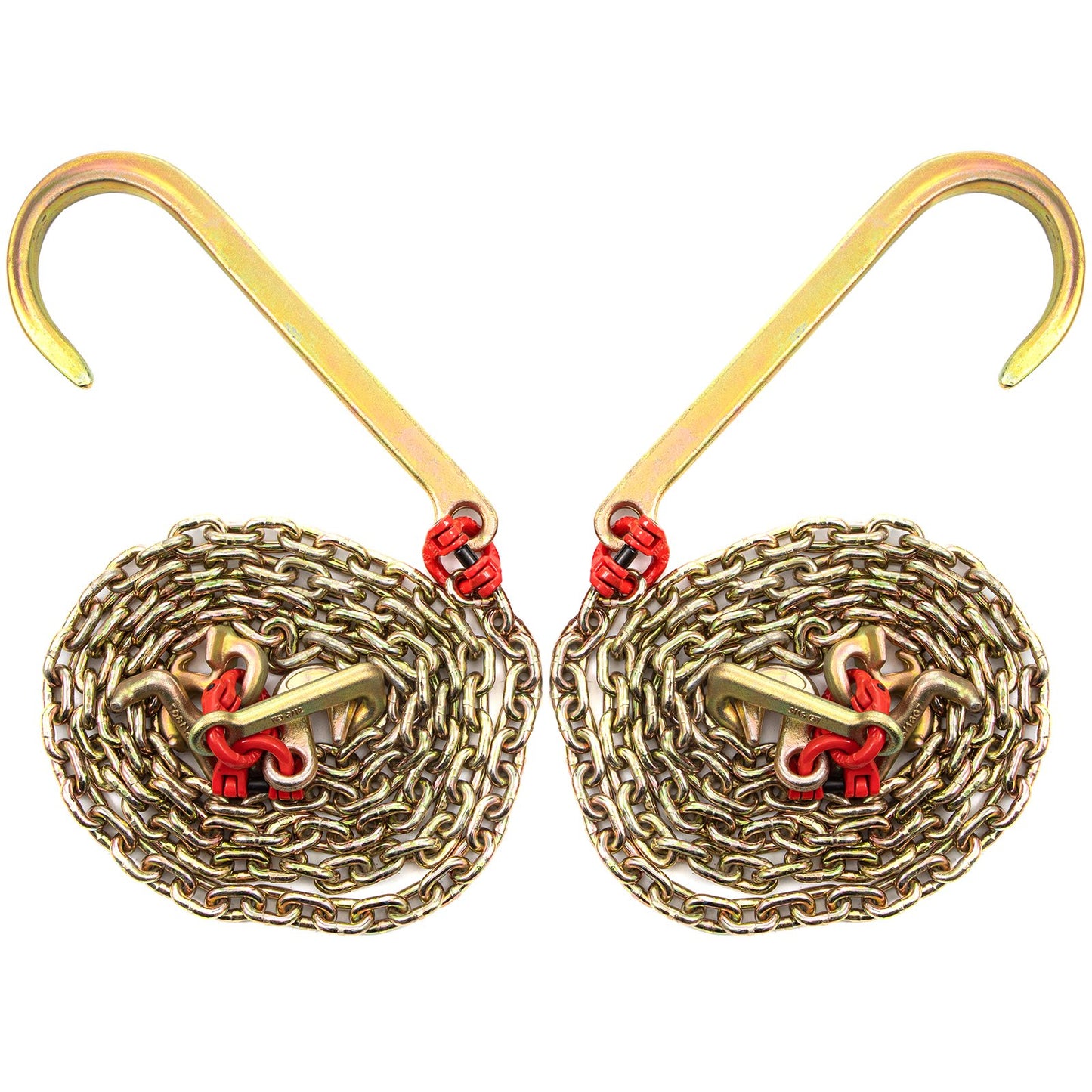 J hook chain, 5/16 inch x 10 ft bridle tow chain, G80 bridle transport chain, alloy steel chain with 2 G70 J hooks, 9260 lb breaking strength tow hooks for trucks, J hooks tow straps 2 pcs.