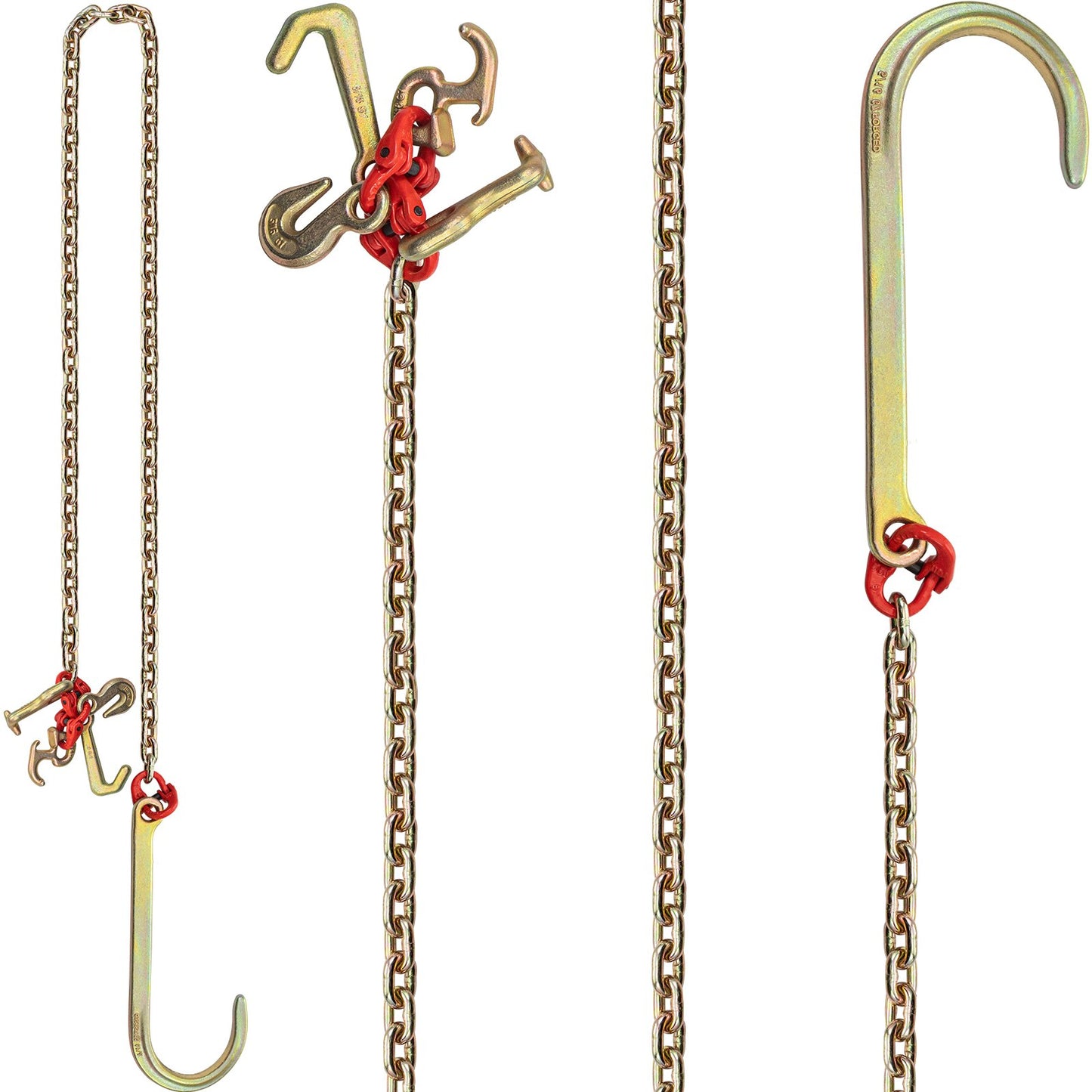 J hook chain, 5/16 inch x 10 ft bridle tow chain, G80 bridle transport chain, alloy steel chain with 2 G70 J hooks, 9260 lb breaking strength tow hooks for trucks, J hooks tow straps 2 pcs.