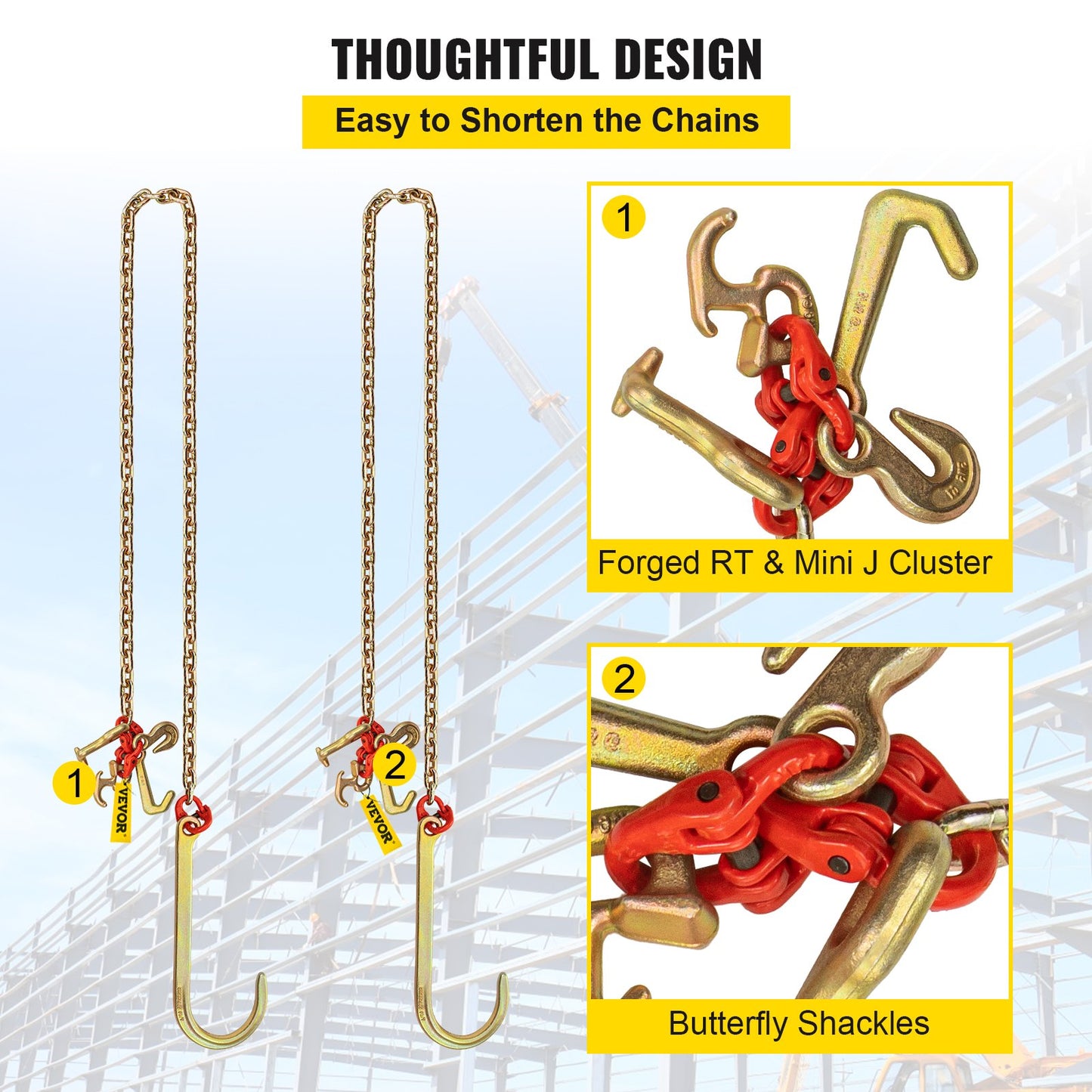 J Hook Chain, 5/16 in x 10 ft Bridle Tow Chain, G80 Bridle Transport Chain, Alloy Steel Chain with 2 G70 J Hooks, 9260 Lbs Break Strength Tow Hooks for Trucks, J Hooks Towing Straps 2PCS