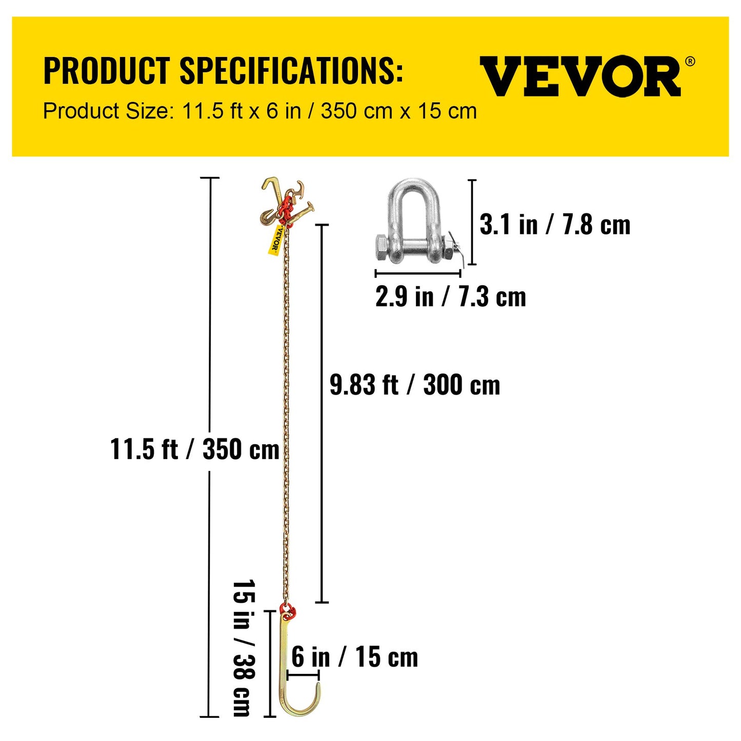 J Hook Chain, 5/16 in x 10 ft Bridle Tow Chain, G80 Bridle Transport Chain, Alloy Steel Chain with 2 G70 J Hooks, 9260 Lbs Break Strength Tow Hooks for Trucks, J Hooks Towing Straps 2PCS