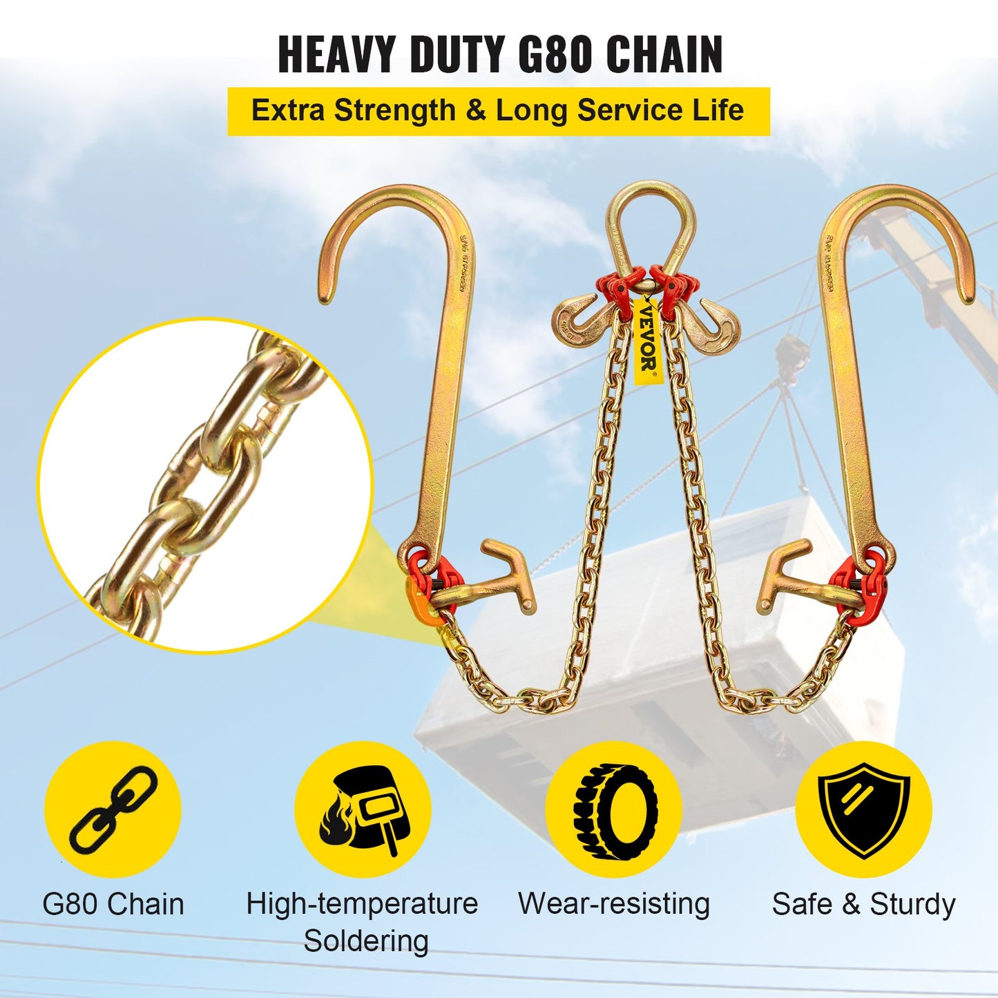 V Bridle Chain, 5/16 in x 2 ft Tow Chain Bridle, Grade 80 V-Bridle Transport Chain, 9260 Lbs Break Strength with TJ Hooks & Grab Hooks, Heavy Duty Pear Link Connector and Chain Shorteners