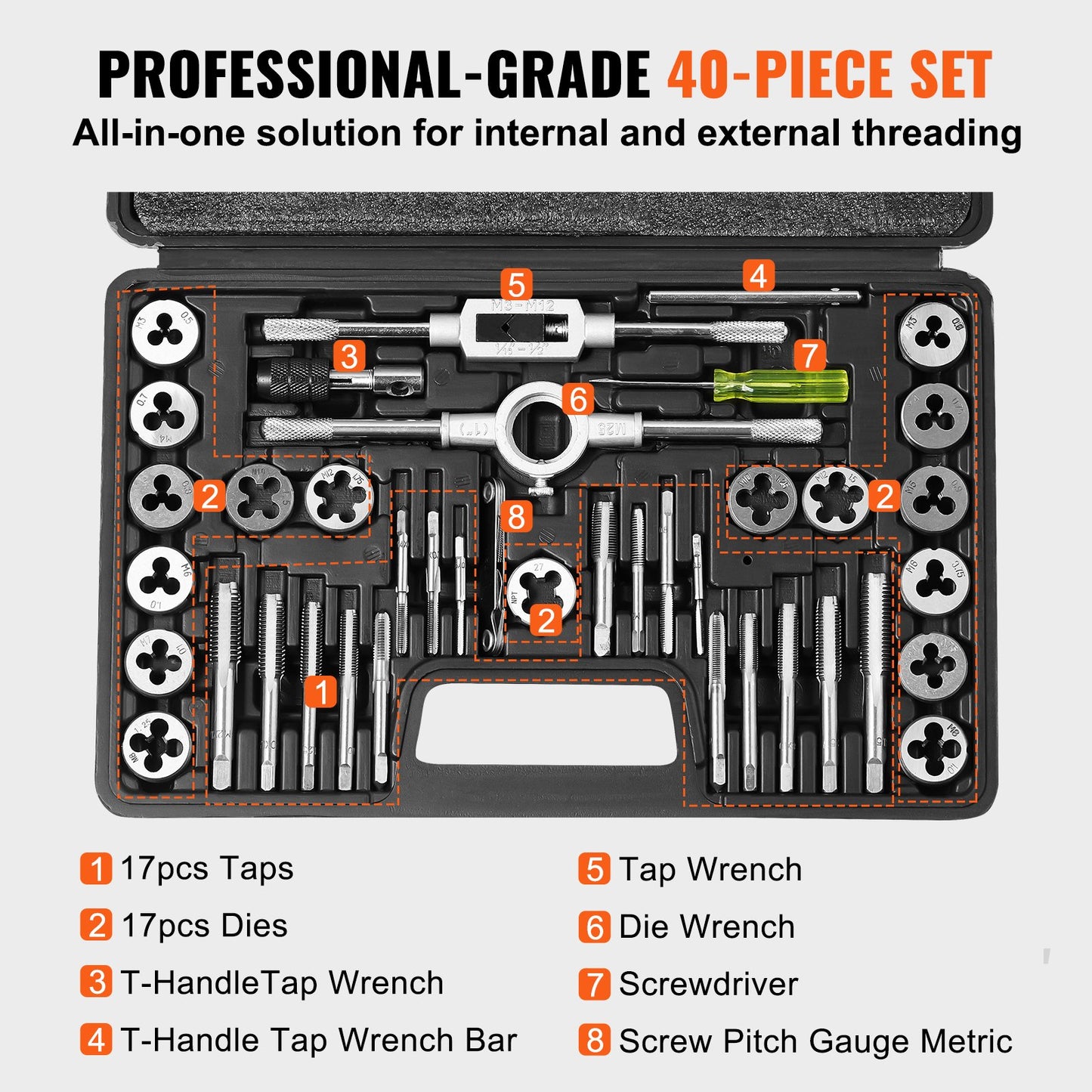 Tap and Die Set, 40-Piece Include Metric Size M3 to M12, Bearing Steel Taps and Dies, Essential Threading Tool for Cutting External Internal Threads, with Complete Accessories and Storage Case