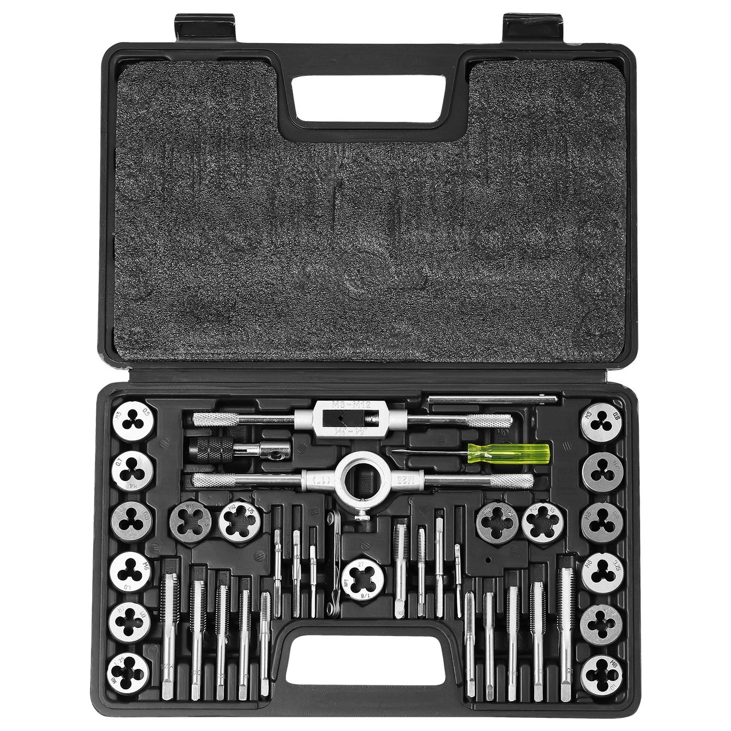 Tap and Die Set, 40-Piece Include Metric Size M3 to M12, Bearing Steel Taps and Dies, Essential Threading Tool for Cutting External Internal Threads, with Complete Accessories and Storage Case