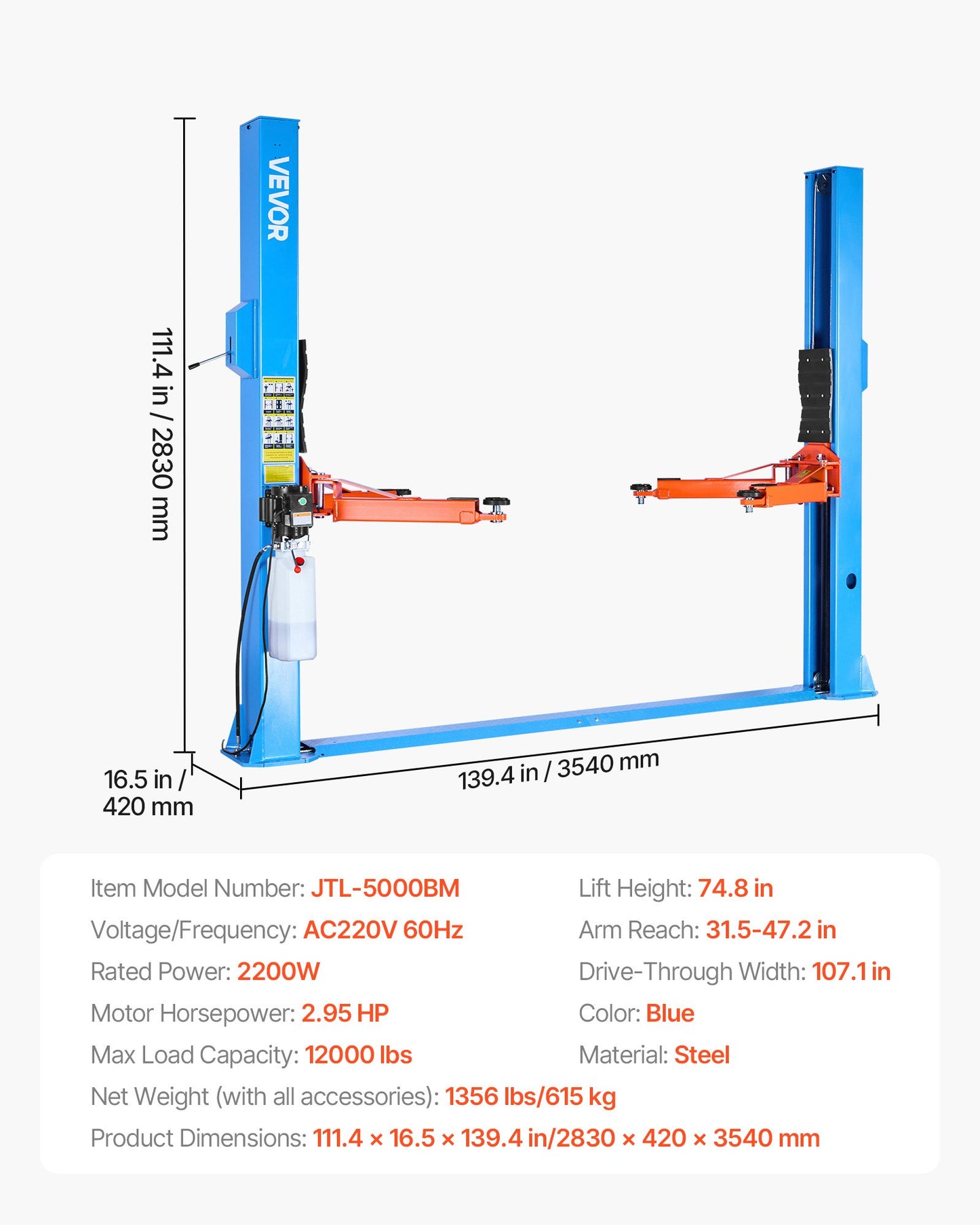 2 Post Lift, 12000 lbs Capacity, 220V 2.95 HP Powerful Motor, Two Post Car Lift Auto Hoist for Sedan SUV Pickup, Automotive Hoist 74.8 Inch Height for Home Garage, Repair Shop, Workshop, Blue