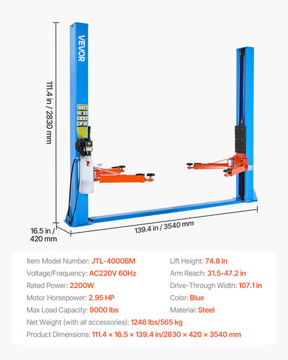 2 Post Lift, 9000 lbs Capacity, 220V 2.95 HP Powerful Motor, Two Post Car Lift Auto Hoist for Sedan SUV Pickup, Automotive Hoist 74.8 Inch Height for Home Garage, Repair Shop, Workshop, Blue