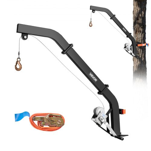 Tree Mounted Deer Hoist, 353 lbs Load Capacity, Hunting Game Hoist Winch Lift with Ratchet Strap, Heavy Duty Deer Hanger for Skinning, Cleaning, Hanging Feed, and Field Dressing, Black