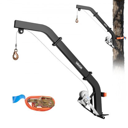 Tree Mounted Deer Hoist, 353 lbs Load Capacity, Hunting Game Hoist Winch Lift with Ratchet Strap, Heavy Duty Deer Hanger for Skinning, Cleaning, Hanging Feed, and Field Dressing, Black