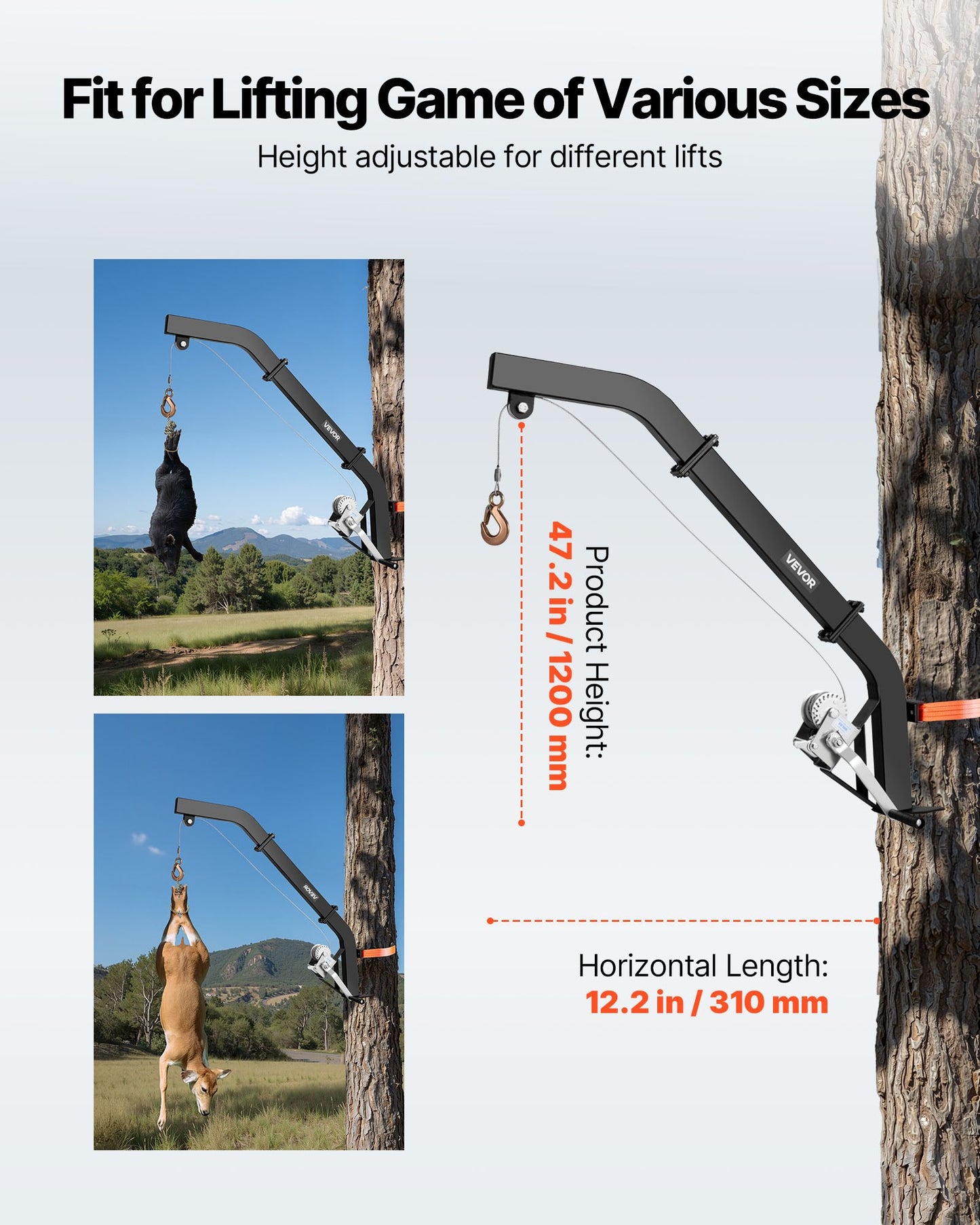 Tree Mounted Deer Hoist, 353 lbs Load Capacity, Hunting Game Hoist Winch Lift with Ratchet Strap, Heavy Duty Deer Hanger for Skinning, Cleaning, Hanging Feed, and Field Dressing, Black
