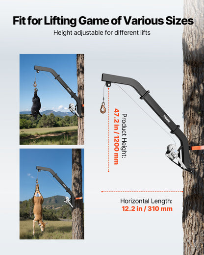 Tree Mounted Deer Hoist, 353 lbs Load Capacity, Hunting Game Hoist Winch Lift with Ratchet Strap, Heavy Duty Deer Hanger for Skinning, Cleaning, Hanging Feed, and Field Dressing, Black