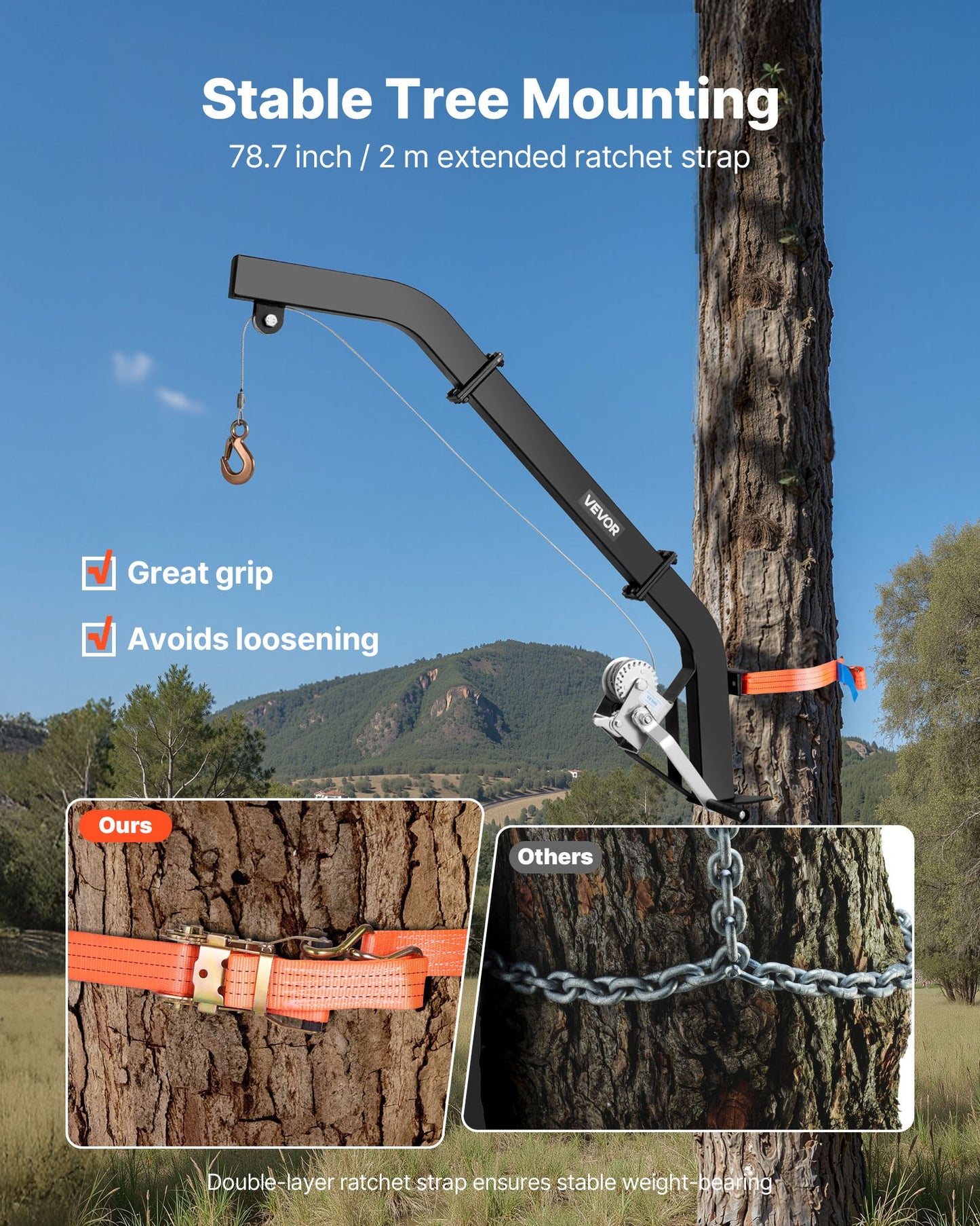 Tree Mounted Deer Hoist, 353 lbs Load Capacity, Hunting Game Hoist Winch Lift with Ratchet Strap, Heavy Duty Deer Hanger for Skinning, Cleaning, Hanging Feed, and Field Dressing, Black