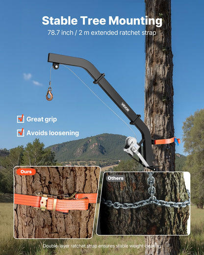 Tree Mounted Deer Hoist, 353 lbs Load Capacity, Hunting Game Hoist Winch Lift with Ratchet Strap, Heavy Duty Deer Hanger for Skinning, Cleaning, Hanging Feed, and Field Dressing, Black