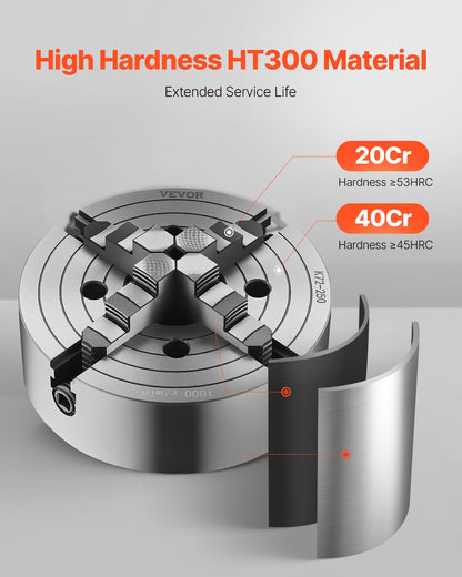 4-Jaw Lathe Chuck, 10 in (250 mm), Lathe Chuck, 0.6-9.84 in (15-250 mm) Clamping Range with T-key Fixing Screws Reversible Jaws, HT300 Cast Iron Material, Internal External for Wood Metal Lathe