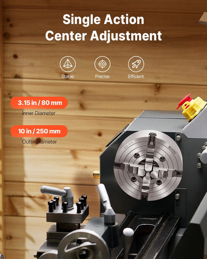 4-Jaw Lathe Chuck, 10 in (250 mm), Lathe Chuck, 0.6-9.84 in (15-250 mm) Clamping Range with T-key Fixing Screws Reversible Jaws, HT300 Cast Iron Material, Internal External for Wood Metal Lathe