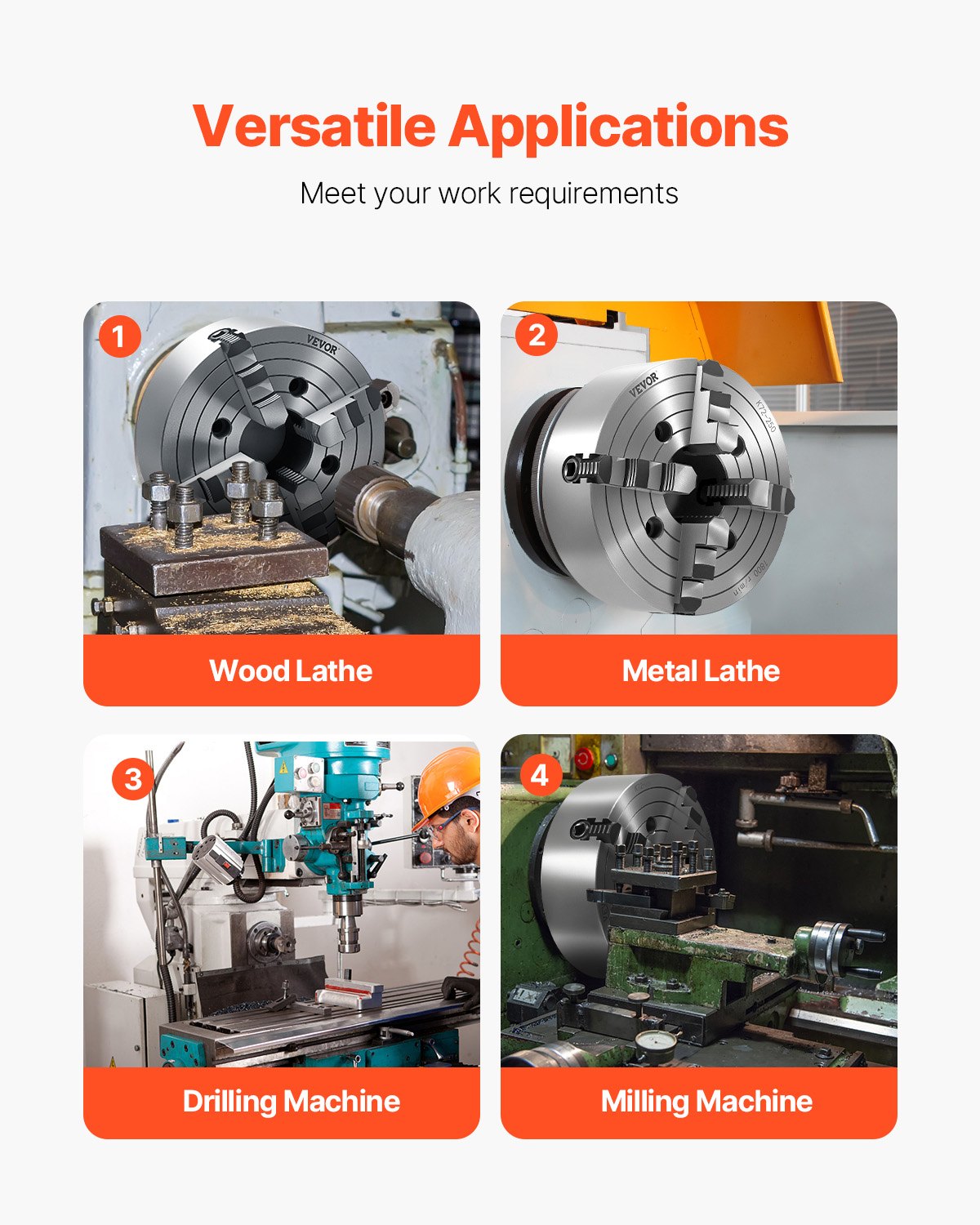4-Jaw Lathe Chuck, 10 in (250 mm), Lathe Chuck, 0.6-9.84 in (15-250 mm) Clamping Range with T-key Fixing Screws Reversible Jaws, HT300 Cast Iron Material, Internal External for Wood Metal Lathe