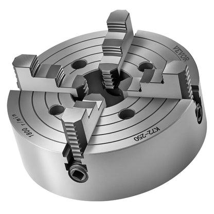 4-Jaw Lathe Chuck, 10 in (250 mm), Lathe Chuck, 0.6-9.84 in (15-250 mm) Clamping Range with T-key Fixing Screws Reversible Jaws, HT300 Cast Iron Material, Internal External for Wood Metal Lathe