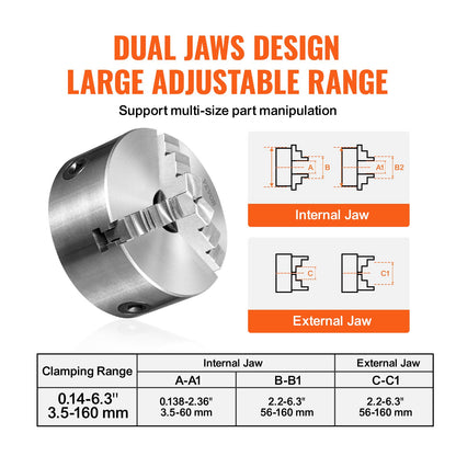 3-jaw lathe chuck, 6'', self-centering lathe chuck, 0.14- 6.3 inch/3.5-160 mm clamping range with T-key fastening screws Reversible jaws, for lathe 3D printer machining Center milling Drilling machine
