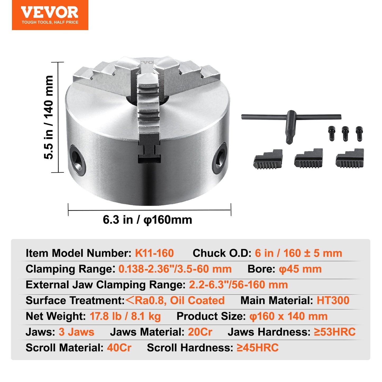3-jaw lathe chuck, 6'', self-centering lathe chuck, 0.14- 6.3 inch/3.5-160 mm clamping range with T-key fastening screws Reversible jaws, for lathe 3D printer machining Center milling Drilling machine