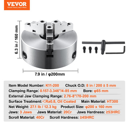 3-Jaw Lathe Chuck, 8'', Self-Centering Lathe Chuck, 0.16-8 in/4-200 mm Clamping Range with T-key Fixing Screws Hexagon Wrench, for Lathe 3D Printer Machining Center Milling Drilling Machine
