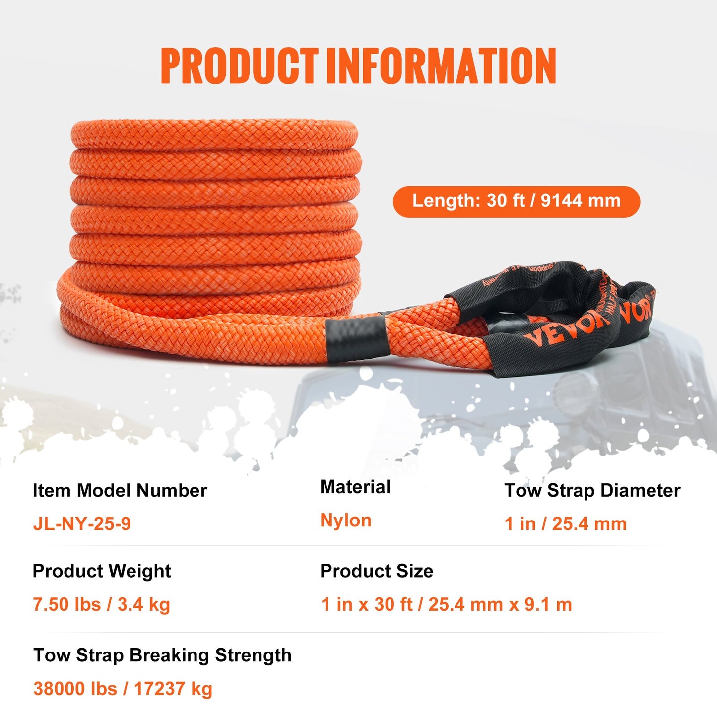 1" x 30" Kinetic Recovery Tow Rope 38,000 lbs, Heavy Duty Off Road Snatch Strap, Extreme Duty 30% Elasticity Energy Snap Strap for Jeep Car Truck ATV UTV SUV Tractor