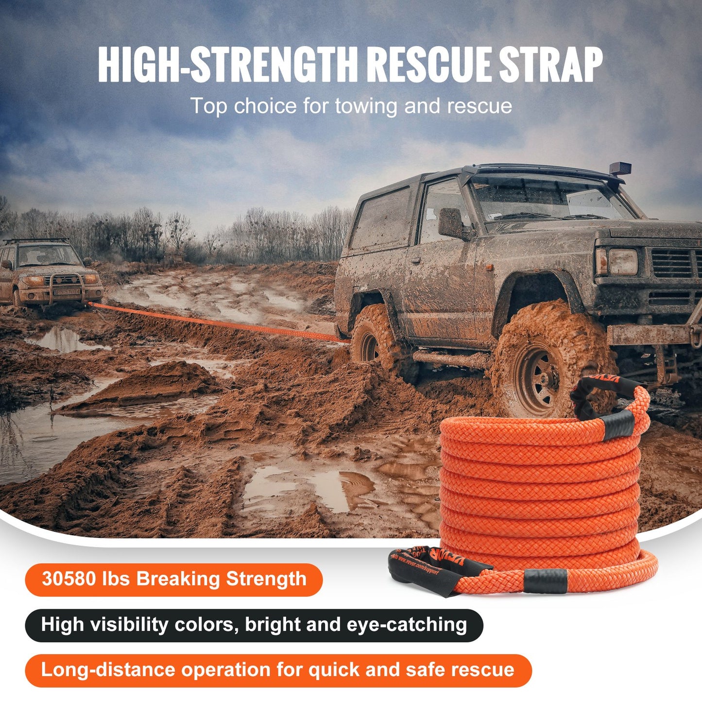 7/8" x 30" Kinetic Recovery Tow Rope 30580lbs, Heavy Duty Off-Road Towing Strap with 2 Soft Shackles (41750lbs) Extreme Duty 30% Elasticity Energy Towing Strap Jeep Car Truck ATV UTV SUV Tractor