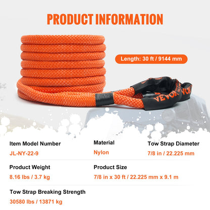 7/8" x 30" Kinetic Recovery Tow Rope 30580lbs, Heavy Duty Off-Road Towing Strap with 2 Soft Shackles (41750lbs) Extreme Duty 30% Elasticity Energy Towing Strap Jeep Car Truck ATV UTV SUV Tractor
