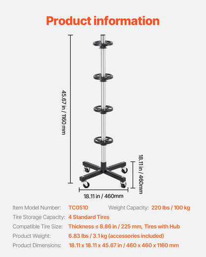 Däckställ för 4 däck med fälg Mobilt däckställ Passar upp till 225 mm brett däck