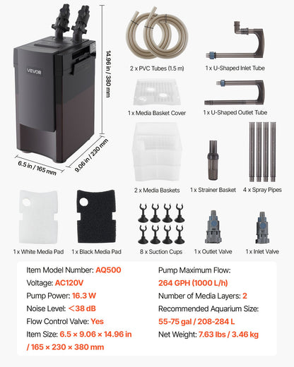 264GPH Canister Filter, 2-Stage External Aquarium Filter with Powerful Pump, Quite Water Circulation Cleaning Machine with Media for Fish Tanks and Aquariums Up to 75 Gallons, for Freshwater