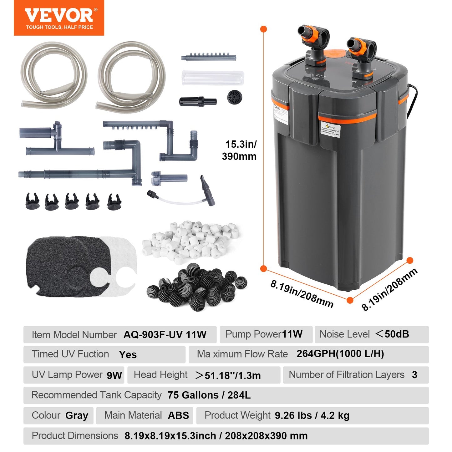 75 Gallon Aquarium Canister Filter 11w UV Lamp Fish Tank Quiet