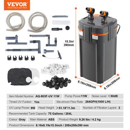 75 Gallon Aquarium Canister Filter 11w UV Lamp Fish Tank Quiet