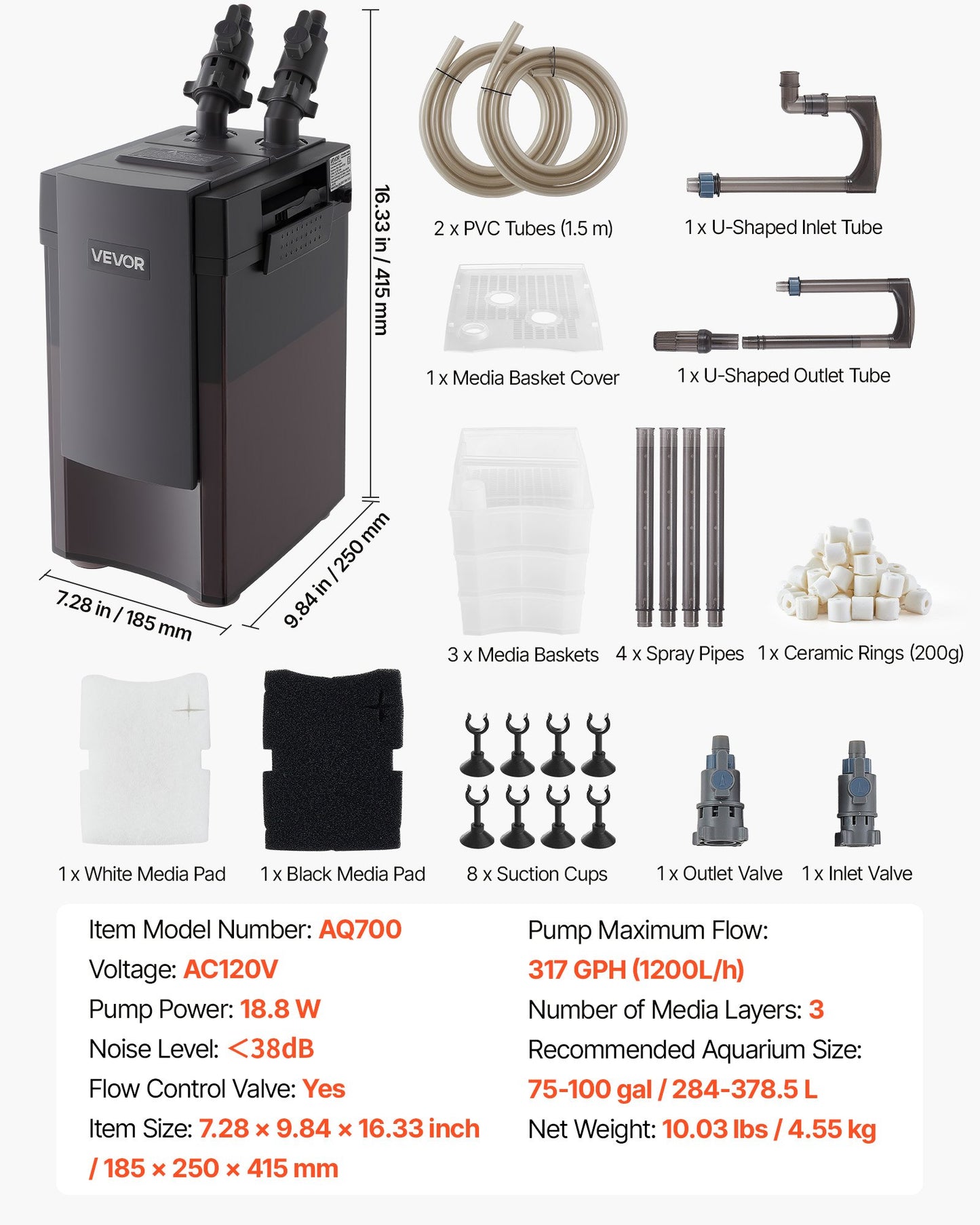 162.7GPH Canister Filter, 3-Stage External Aquarium Filter with Powerful Pump, Water Circulation Cleaning Machine with Media for Large Fish Tanks and Aquariums Up to 100 Gallons, for Freshwater