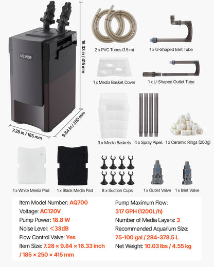 162.7GPH Canister Filter, 3-Stage External Aquarium Filter with Powerful Pump, Water Circulation Cleaning Machine with Media for Large Fish Tanks and Aquariums Up to 100 Gallons, for Freshwater