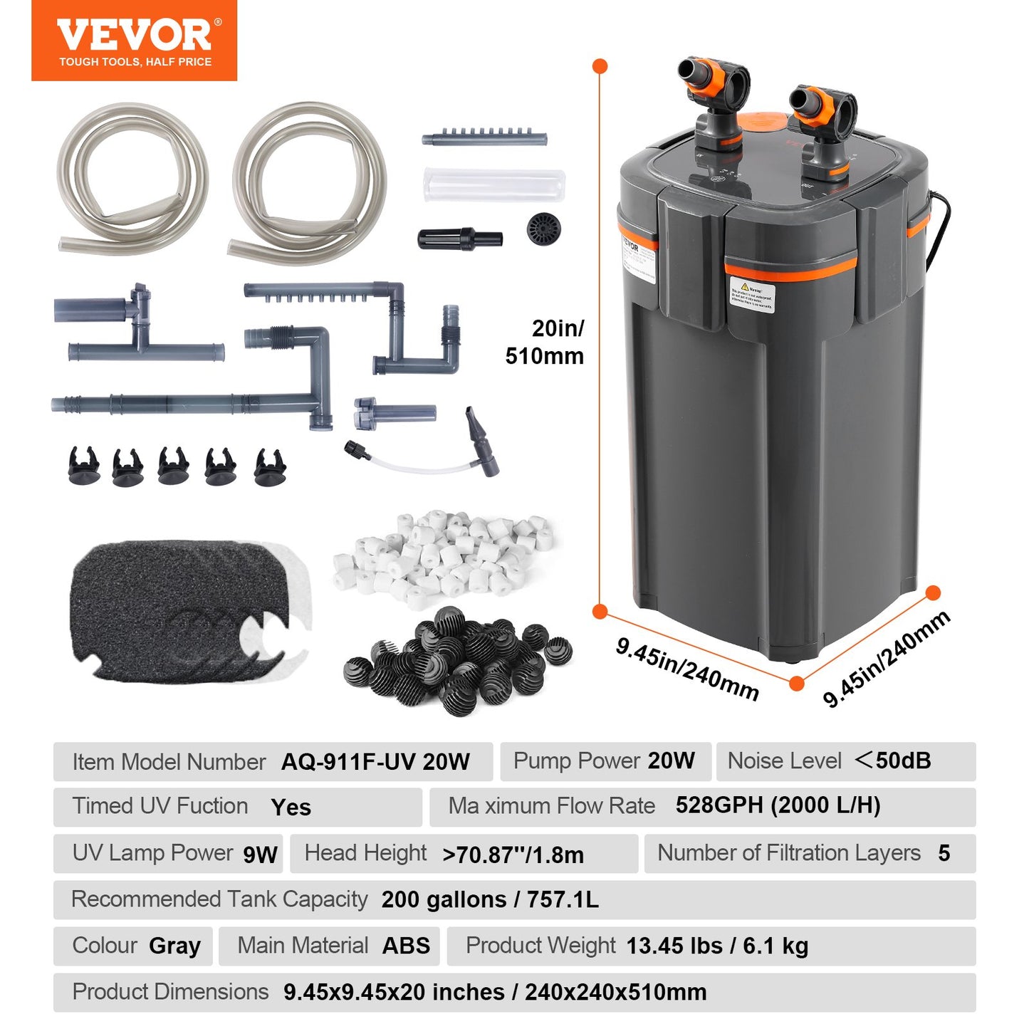 Aquarium Filter 528GPH, 5-Stage Canister Filter 200 Gallon, Ultra-Quiet Internal Aquarium Filter with UV Protection, Submersible Power Filter with Multiple Function for Fish Tanks, 20W