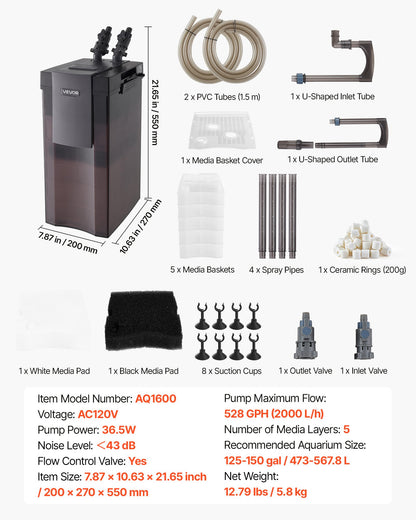 528GPH Canister Filter, 5-Stage External Aquarium Filter with Powerful Pump, Water Circulation Cleaning Machine with Media for Large Fish Tanks and Aquariums Up to 150 Gallons, for Freshwater